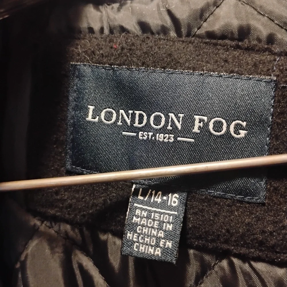 London Fog Black Wool Bland Hooded Jacket Gold Buttons Winter Coat Size L14/16